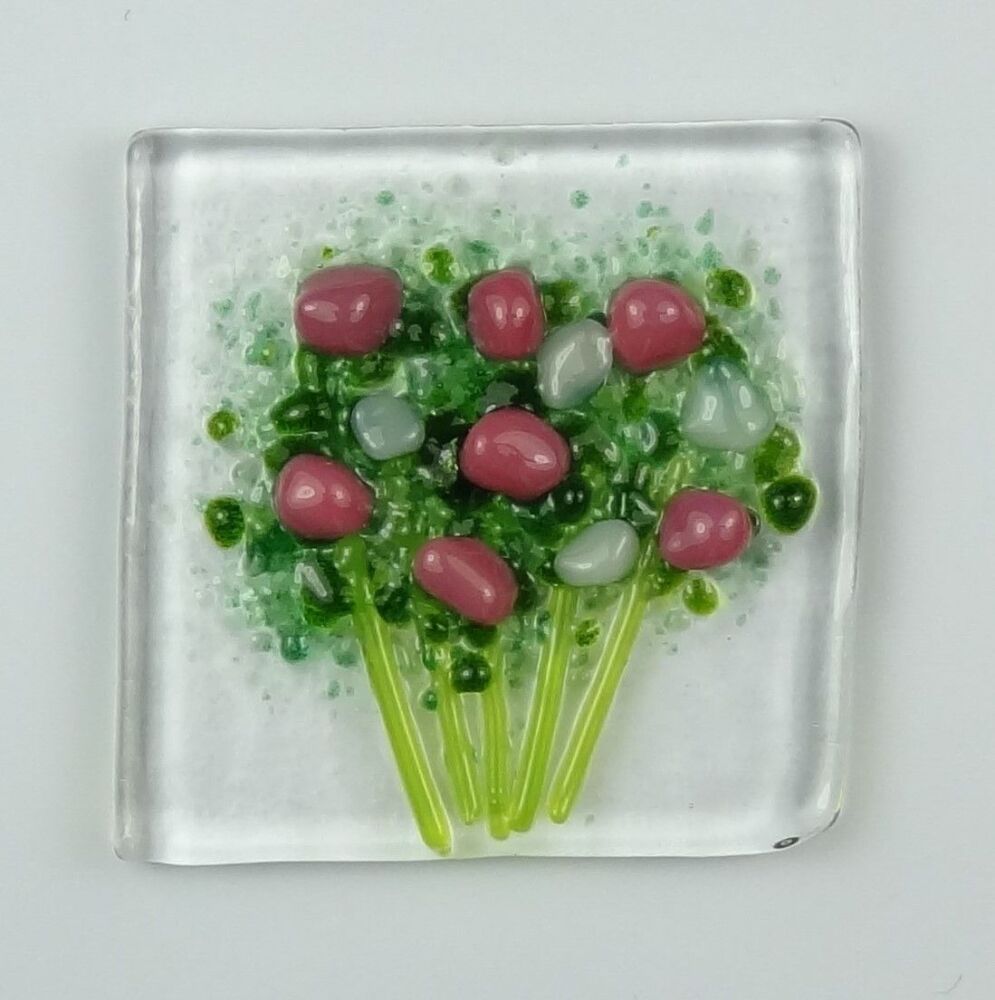Handmade fused glass art greeting card, any occasion ~ pink & white flowers, floral, bouquet ~ 4x4 inch card, 1.5 inch (+/-) glass (#432)