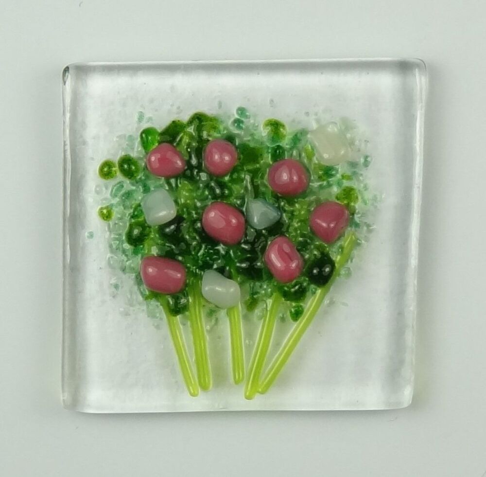 Handmade fused glass art greeting card, any occasion ~ pink & white flowers, floral, bouquet ~ 4x4 inch card, 1.5 inch (+/-) glass (#430)