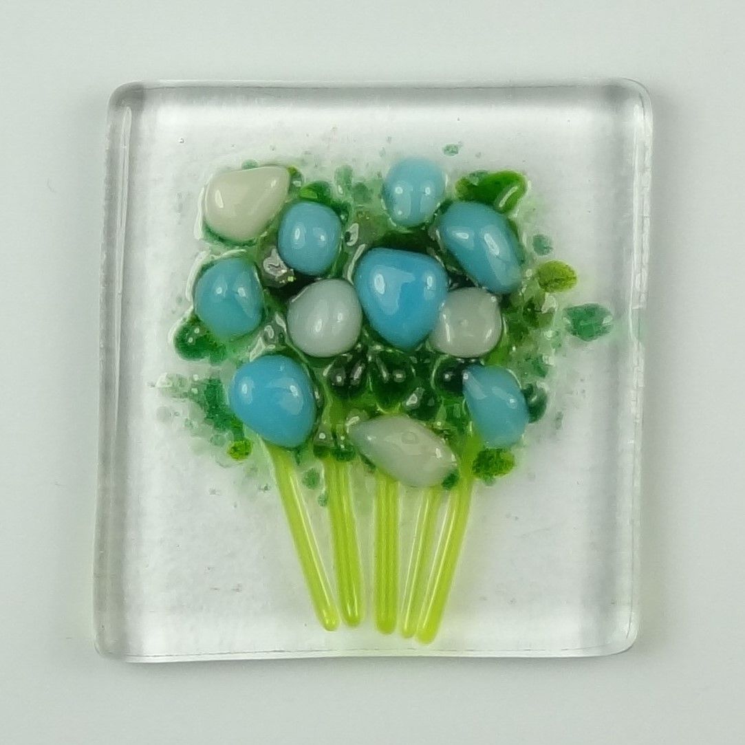 Handmade fused glass art greeting card, any occasion ~ blue & white flowers, floral, bouquet ~ 4x4 inch card, 1.5 inch (+/-) glass (#457)