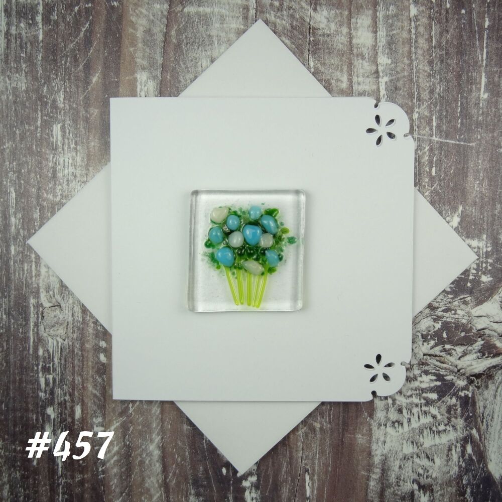 Handmade fused glass art greeting card, any occasion ~ blue & white flowers, floral, bouquet ~ 4x4 inch card, 1.5 inch (+/-) glass (#457)