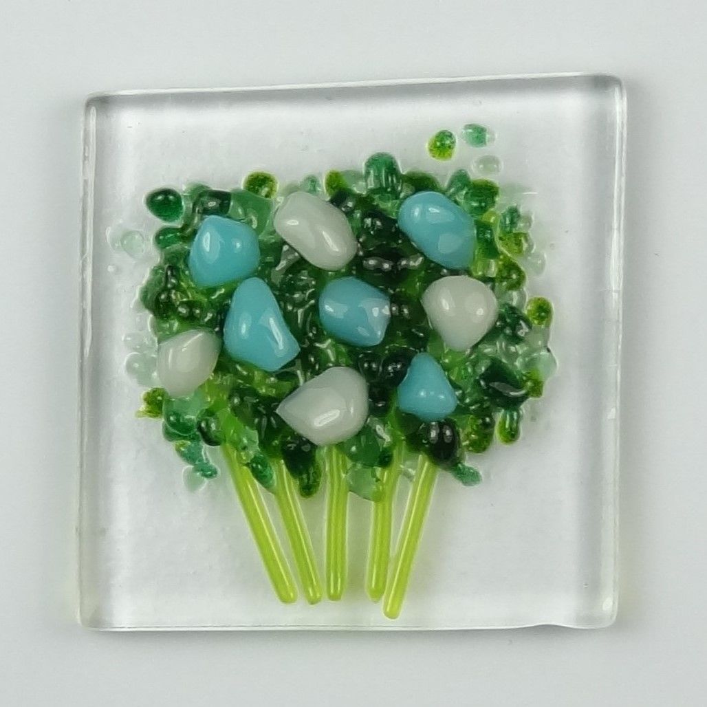 Handmade fused glass art greeting card, any occasion ~ blue & white flowers, floral, bouquet ~ 4x4 inch card, 1.5 inch (+/-) glass (#602)