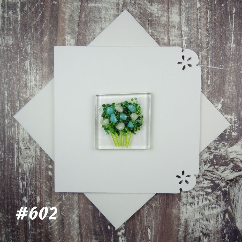 Handmade fused glass art greeting card, any occasion ~ blue & white flowers, floral, bouquet ~ 4x4 inch card, 1.5 inch (+/-) glass (#602)
