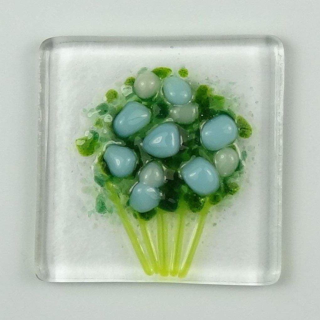Handmade fused glass art greeting card, any occasion ~ blue & white flowers, floral, bouquet ~ 4x4 inch card, 1.5 inch (+/-) glass (#452)