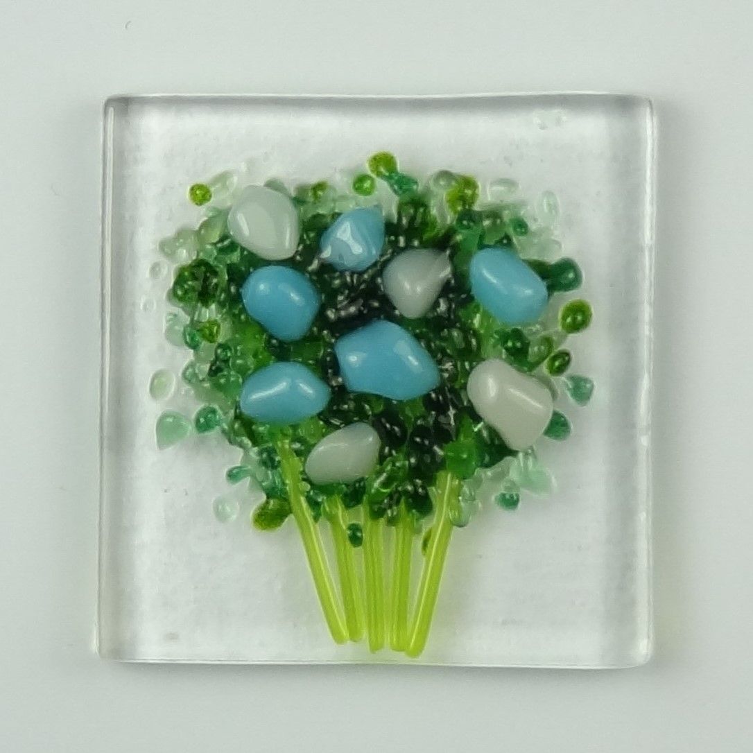Handmade fused glass art greeting card, any occasion ~ blue & white flowers, floral, bouquet ~ 4x4 inch card, 1.5 inch (+/-) glass (#601)