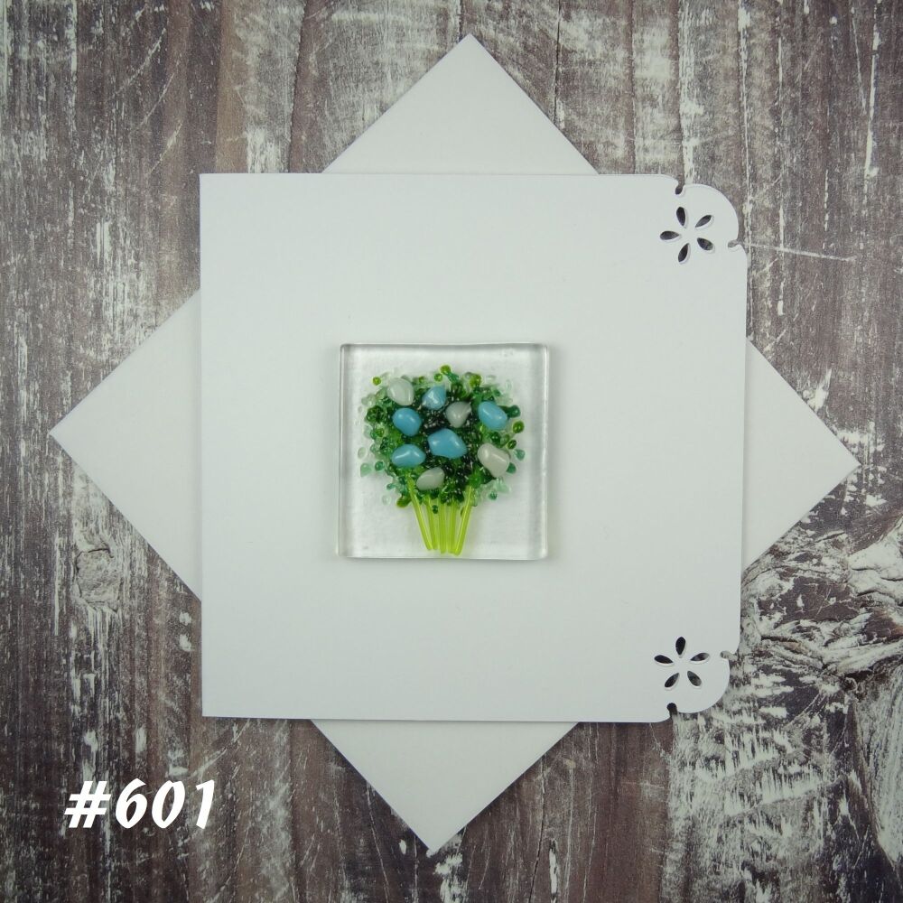 Handmade fused glass art greeting card, any occasion ~ blue & white flowers, floral, bouquet ~ 4x4 inch card, 1.5 inch (+/-) glass (#601)