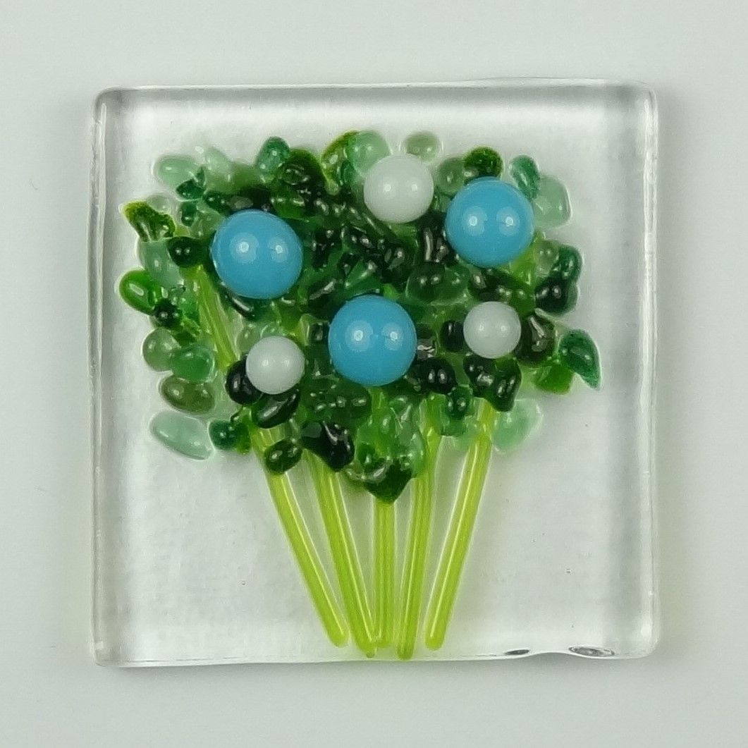 Handmade fused glass art greeting card, any occasion ~ blue & white flowers, floral, bouquet ~ 4x4 inch card, 1.5 inch (+/-) glass (#613)