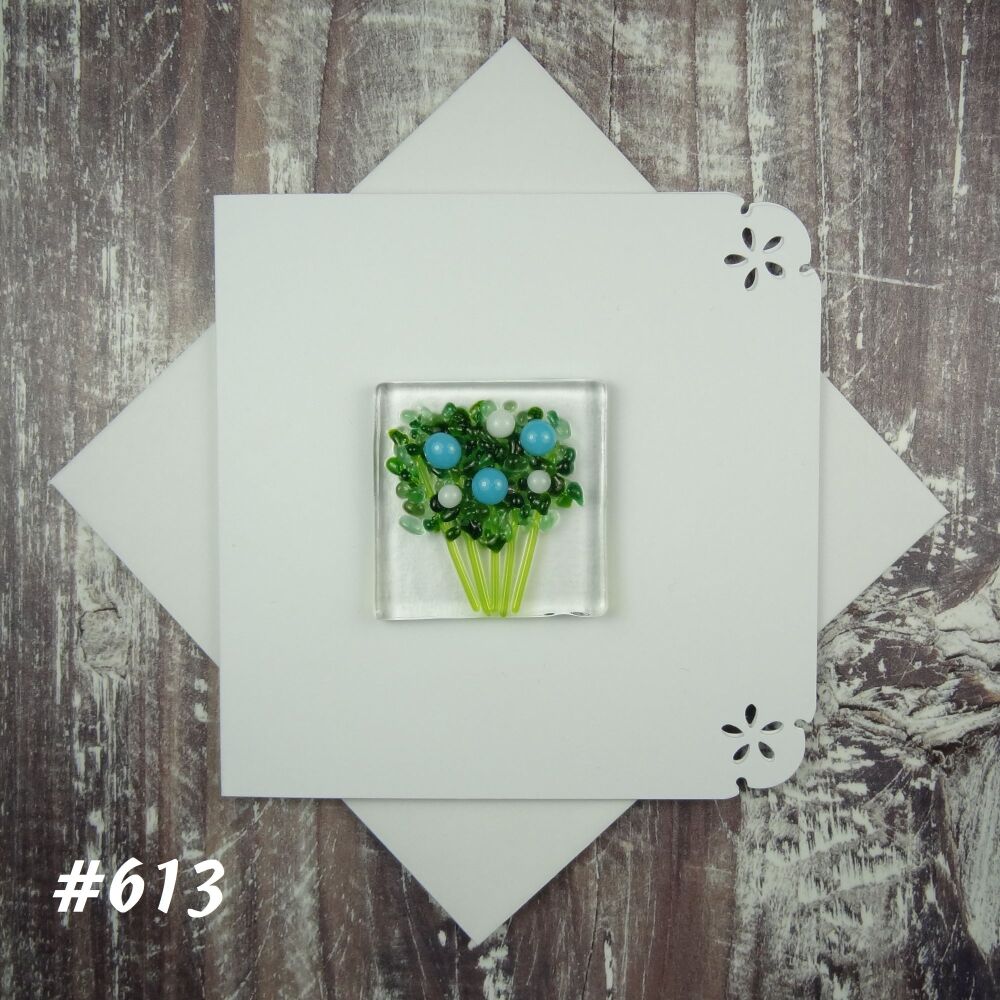 Handmade fused glass art greeting card, any occasion ~ blue & white flowers, floral, bouquet ~ 4x4 inch card, 1.5 inch (+/-) glass (#613)