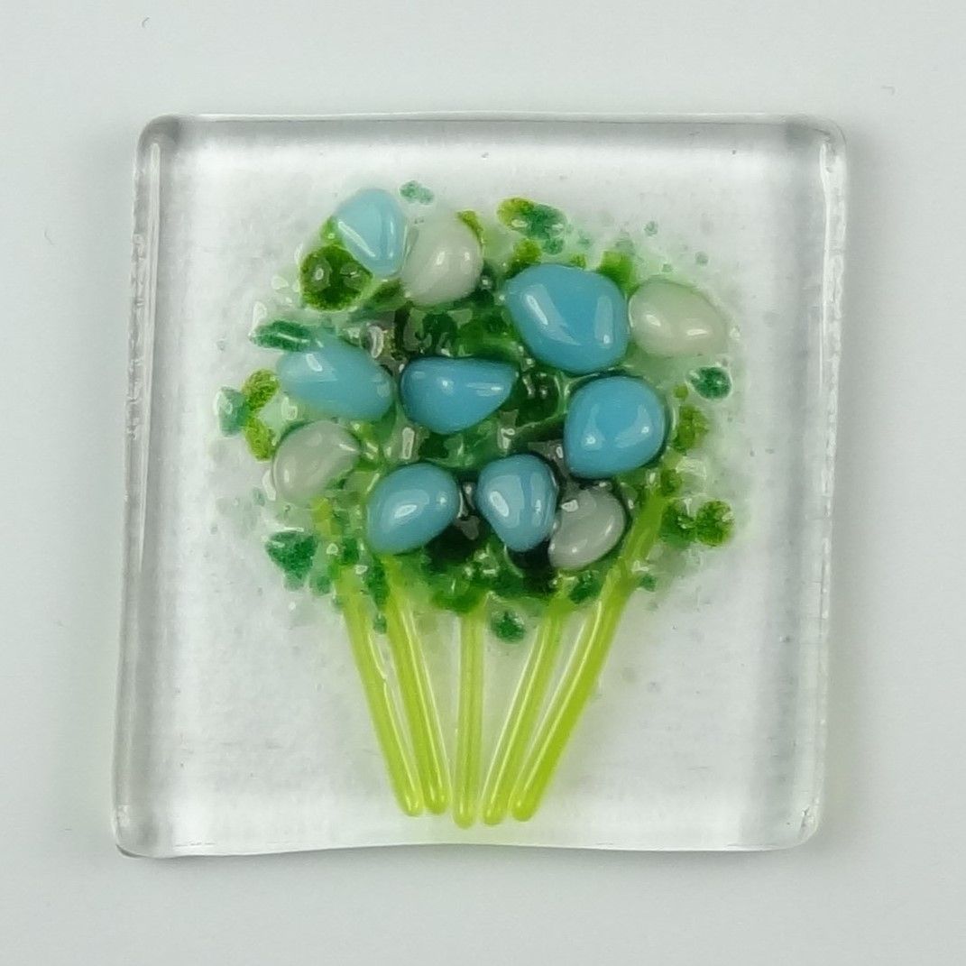Handmade fused glass art greeting card, any occasion ~ blue & white flowers, floral, bouquet ~ 4x4 inch card, 1.5 inch (+/-) glass (#454)