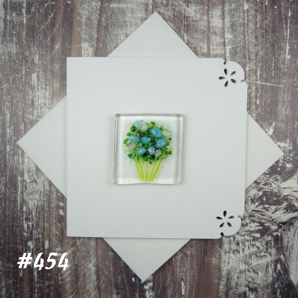 Handmade fused glass art greeting card, any occasion ~ blue & white flowers, floral, bouquet ~ 4x4 inch card, 1.5 inch (+/-) glass (#454)