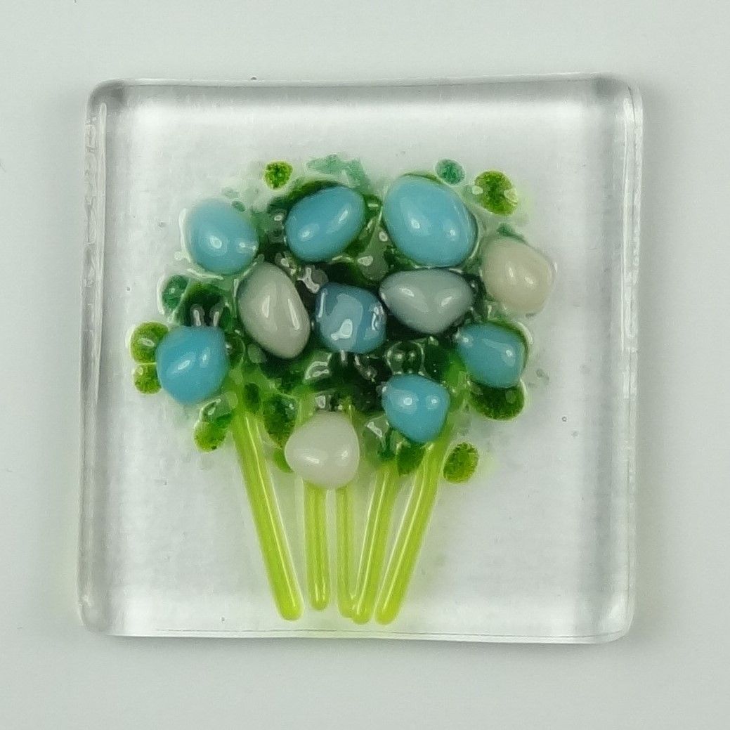Handmade fused glass art greeting card, any occasion ~ blue & white flowers, floral, bouquet ~ 4x4 inch card, 1.5 inch (+/-) glass (#450)