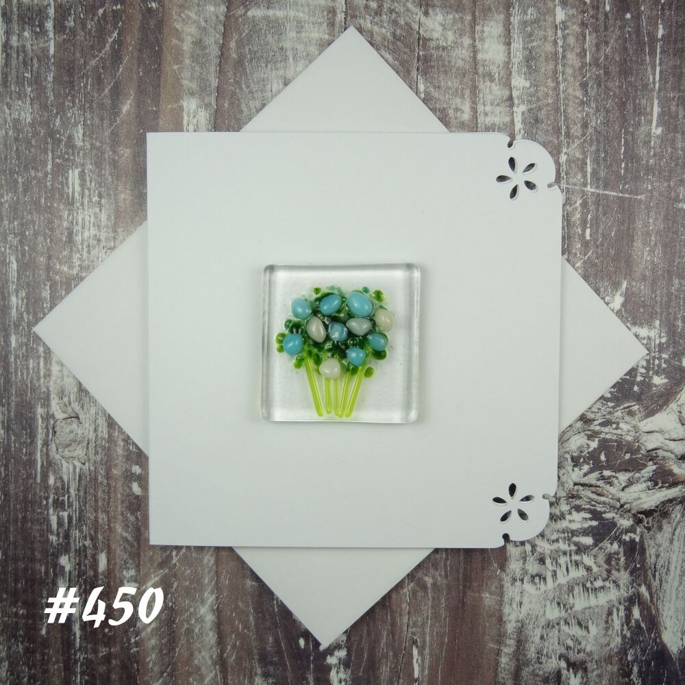Handmade fused glass art greeting card, any occasion ~ blue & white flowers, floral, bouquet ~ 4x4 inch card, 1.5 inch (+/-) glass (#450)