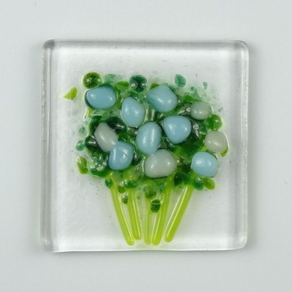 Handmade fused glass art greeting card, any occasion ~ blue & white flowers, floral, bouquet ~ 4x4 inch card, 1.5 inch (+/-) glass (#451)
