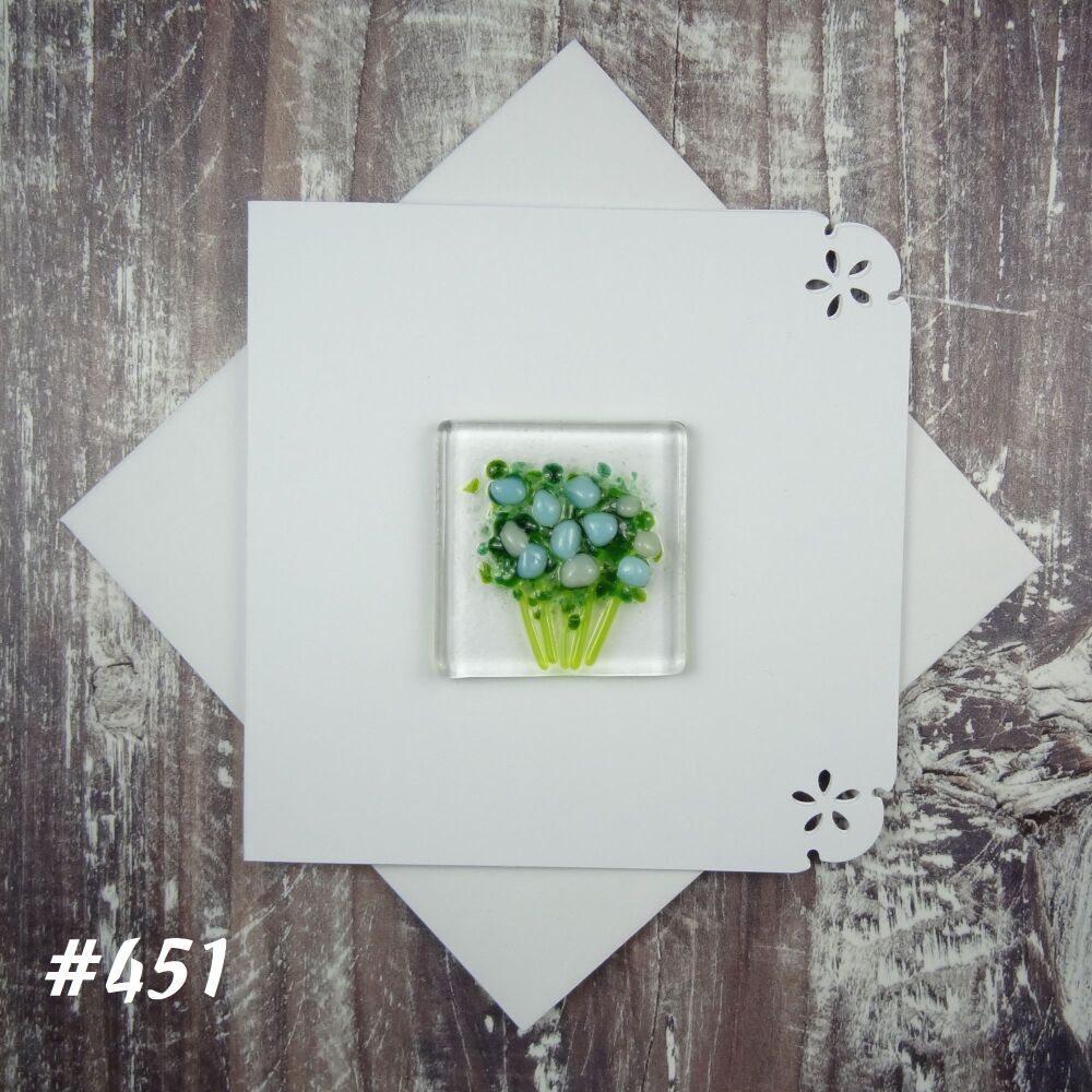 Handmade fused glass art greeting card, any occasion ~ blue & white flowers, floral, bouquet ~ 4x4 inch card, 1.5 inch (+/-) glass (#451)