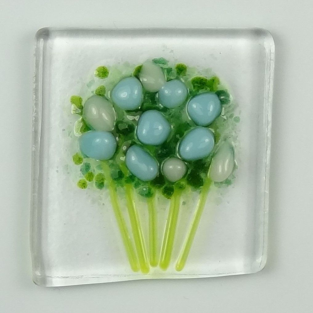 Handmade fused glass art greeting card, any occasion ~ blue & white flowers, floral, bouquet ~ 4x4 inch card, 1.5 inch (+/-) glass (#449)