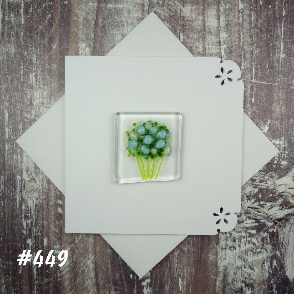 Handmade fused glass art greeting card, any occasion ~ blue & white flowers, floral, bouquet ~ 4x4 inch card, 1.5 inch (+/-) glass (#449)