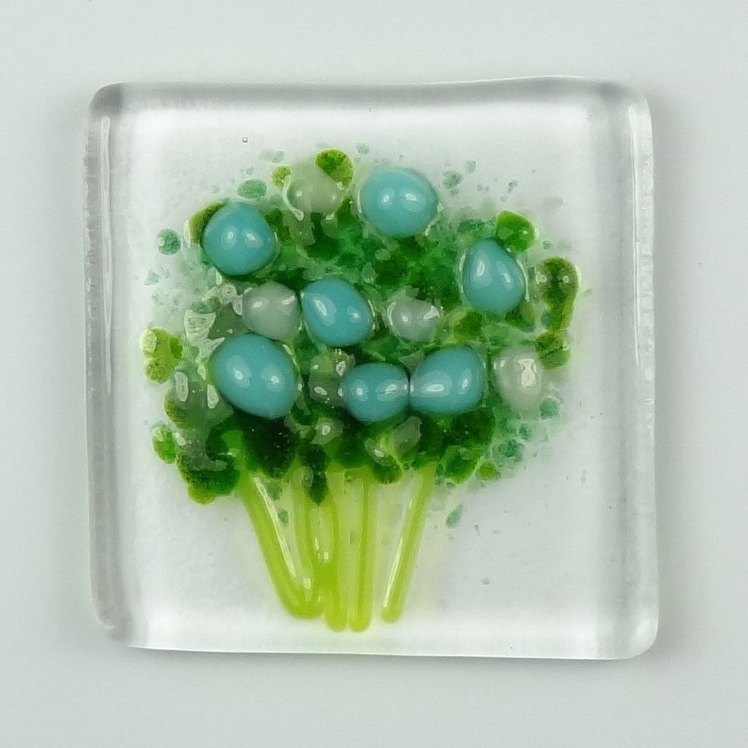 Handmade fused glass art greeting card, any occasion ~ blue & white flowers, floral, bouquet ~ 4x4 inch card, 1.5 inch (+/-) glass (#448)