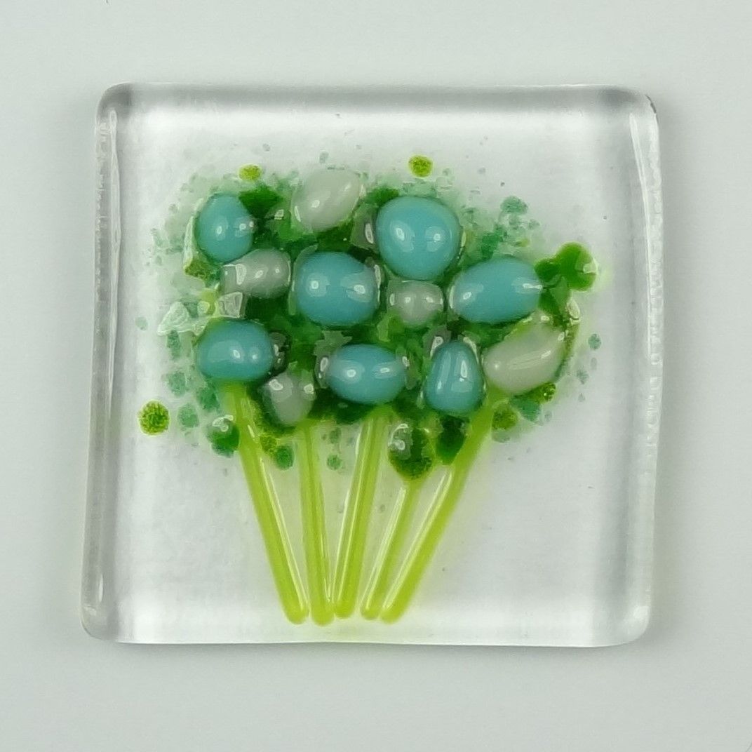 Handmade fused glass art greeting card, any occasion ~ blue & white flowers, floral, bouquet ~ 4x4 inch card, 1.5 inch (+/-) glass (#445)