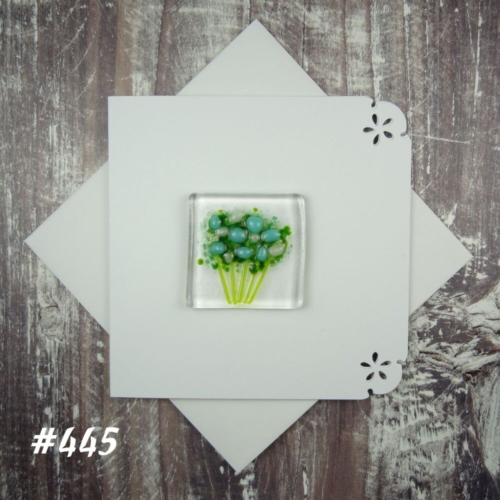 Handmade fused glass art greeting card, any occasion ~ blue & white flowers, floral, bouquet ~ 4x4 inch card, 1.5 inch (+/-) glass (#445)