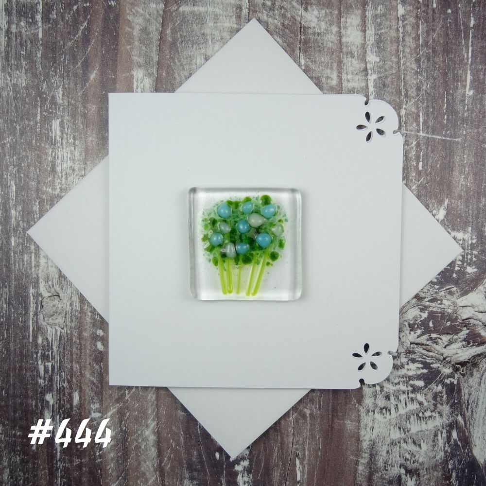 Handmade fused glass art greeting card, any occasion ~ blue & white flowers, floral, bouquet ~ 4x4 inch card, 1.5 inch (+/-) glass (#444)