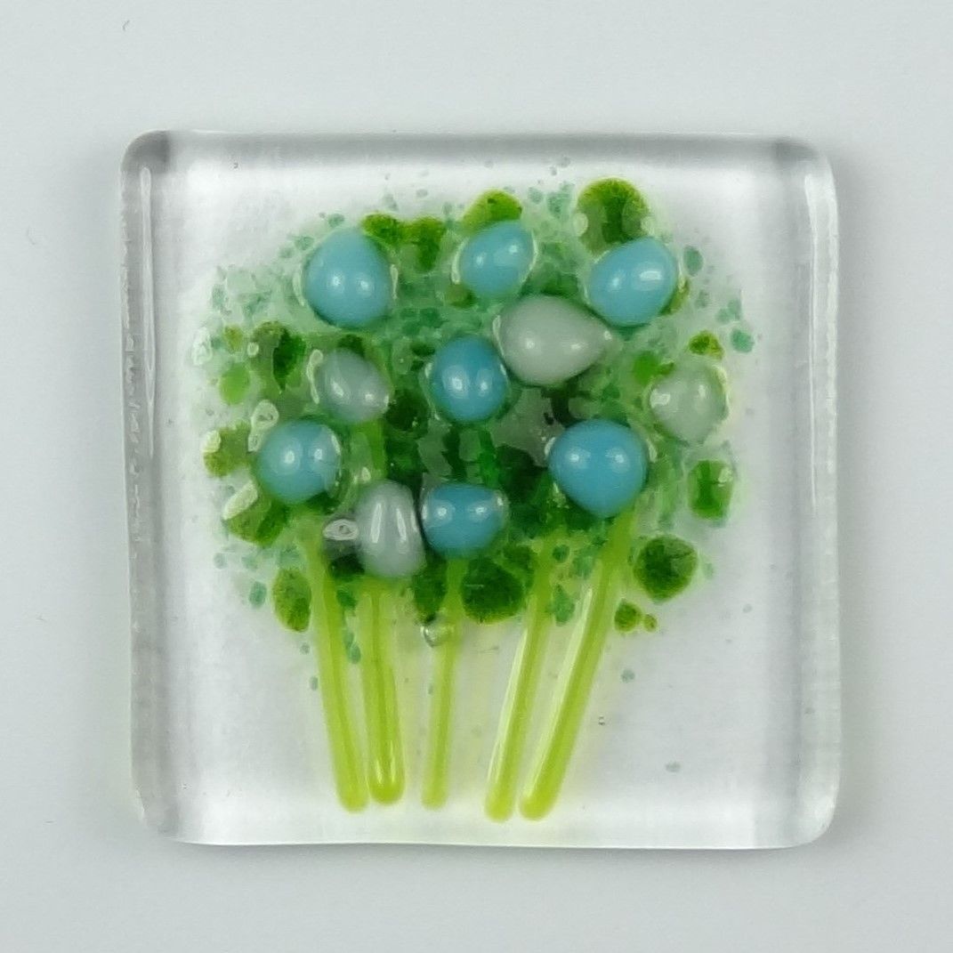 Handmade fused glass art greeting card, any occasion ~ blue & white flowers, floral, bouquet ~ 4x4 inch card, 1.5 inch (+/-) glass (#444)