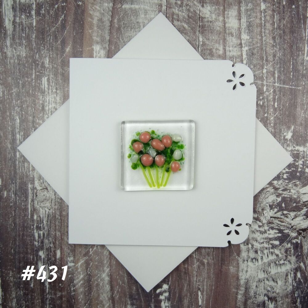 Handmade fused glass art greeting card, any occasion ~ salmon pink & white flowers, floral, bouquet ~ 4x4 inch card, 1.5 inch (+/-) glass (#431)