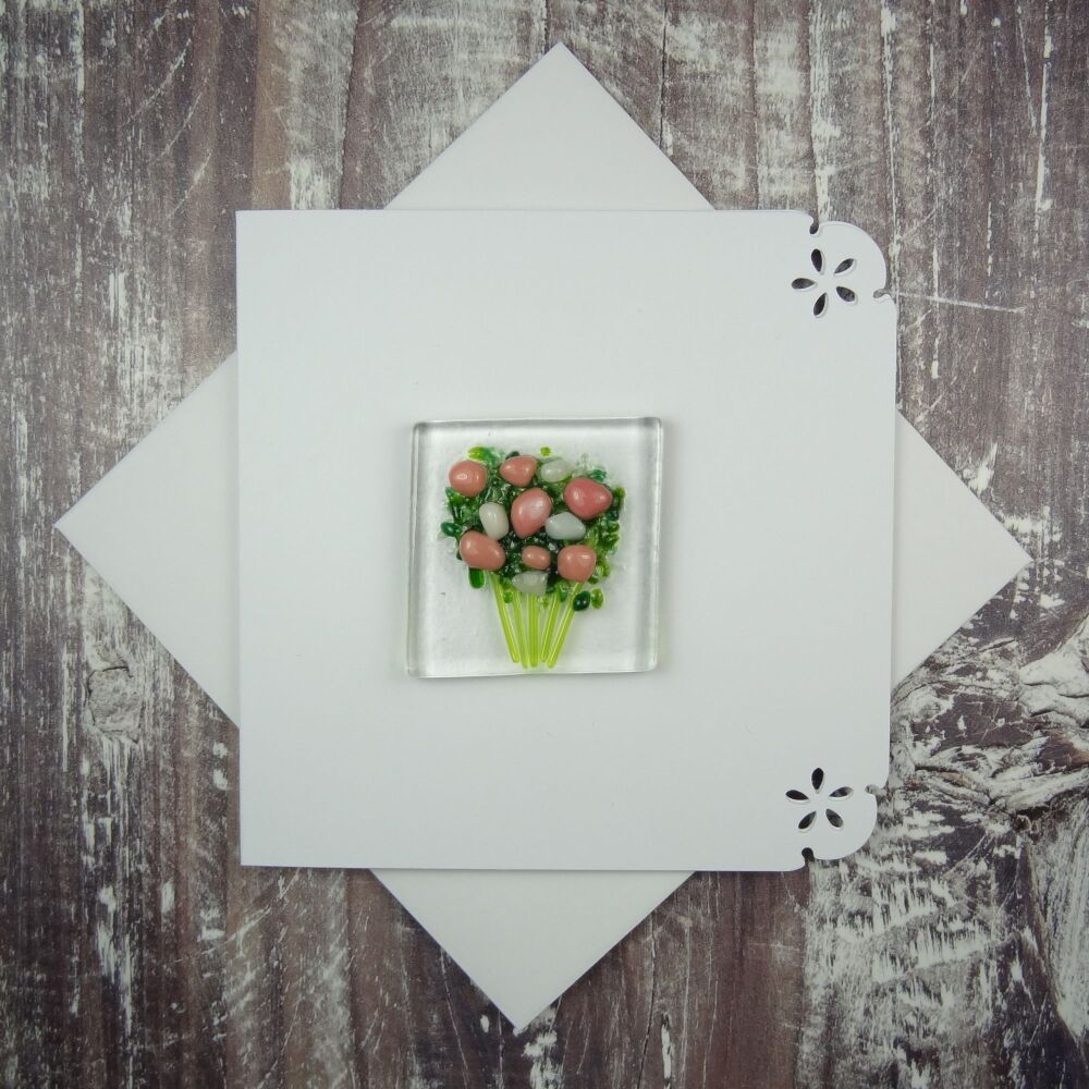 Handmade fused glass art greeting card, any occasion ~ salmon pink & white flowers, floral, bouquet ~ 4x4 inch card, 1.5 inch (+/-) glass (#458)