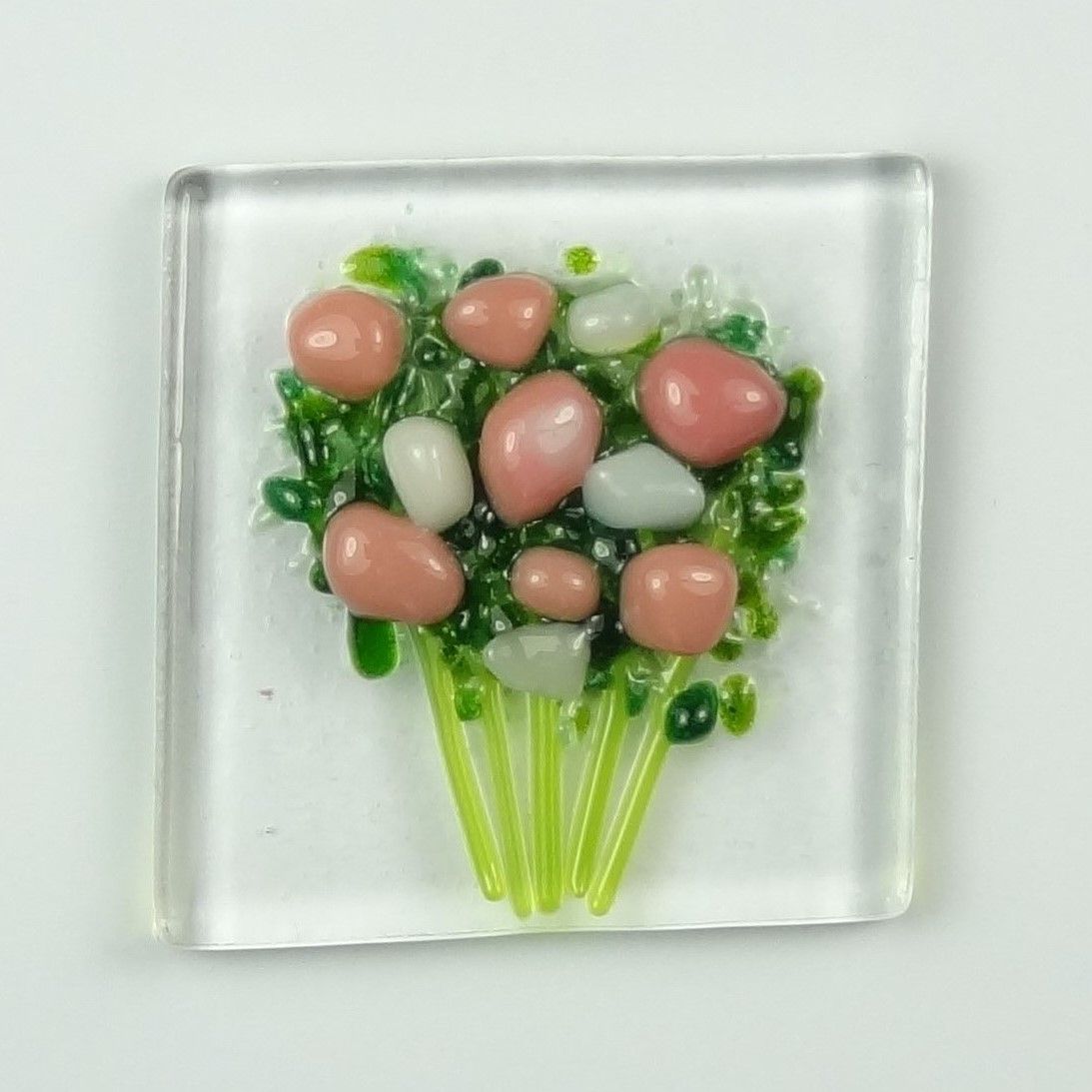 Handmade fused glass art greeting card, any occasion ~ salmon pink & white flowers, floral, bouquet ~ 4x4 inch card, 1.5 inch (+/-) glass (#458)