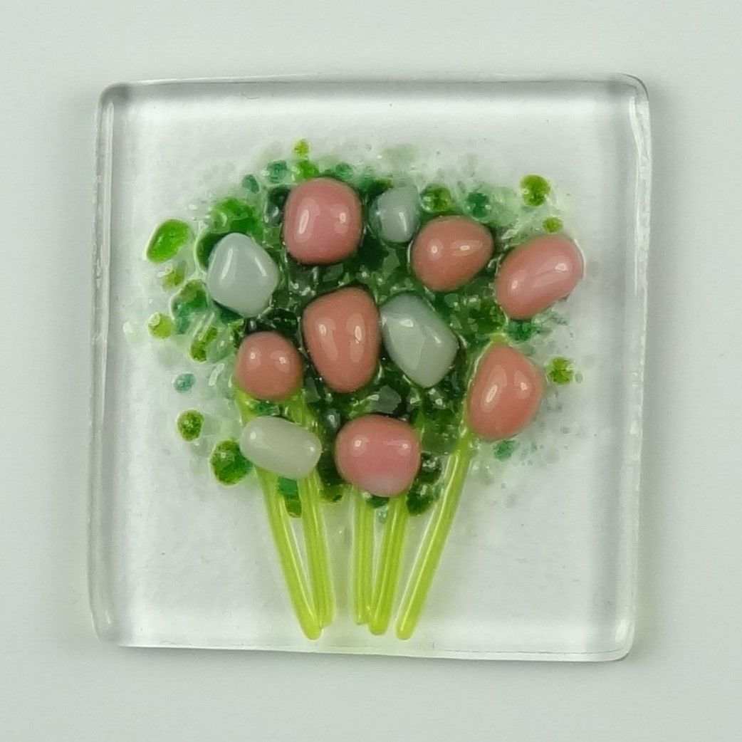 Handmade fused glass art greeting card, any occasion ~ salmon pink & white flowers, floral, bouquet ~ 4x4 inch card, 1.5 inch (+/-) glass (#455)