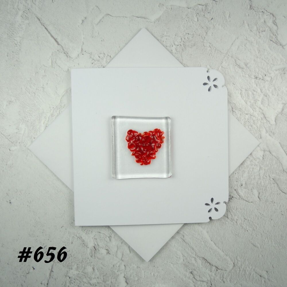 Handcrafted fused glass art greeting card, any occasion ~ red heart ~ 4x4 inch card, 1.5 inch (+/-) glass (#656)