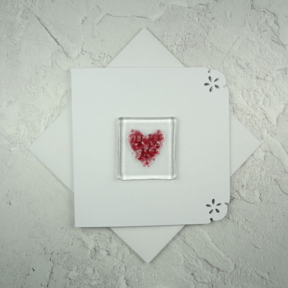 Handcrafted fused glass art greeting card, any occasion ~ pink heart ~ 4x4 inch card, 1.5 inch (+/-) glass (#658)