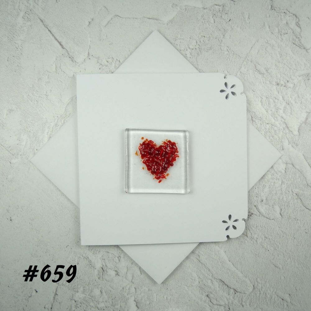 Handcrafted fused glass art greeting card, any occasion ~ red heart ~ 4x4 inch card, 1.5 inch (+/-) glass (#659)