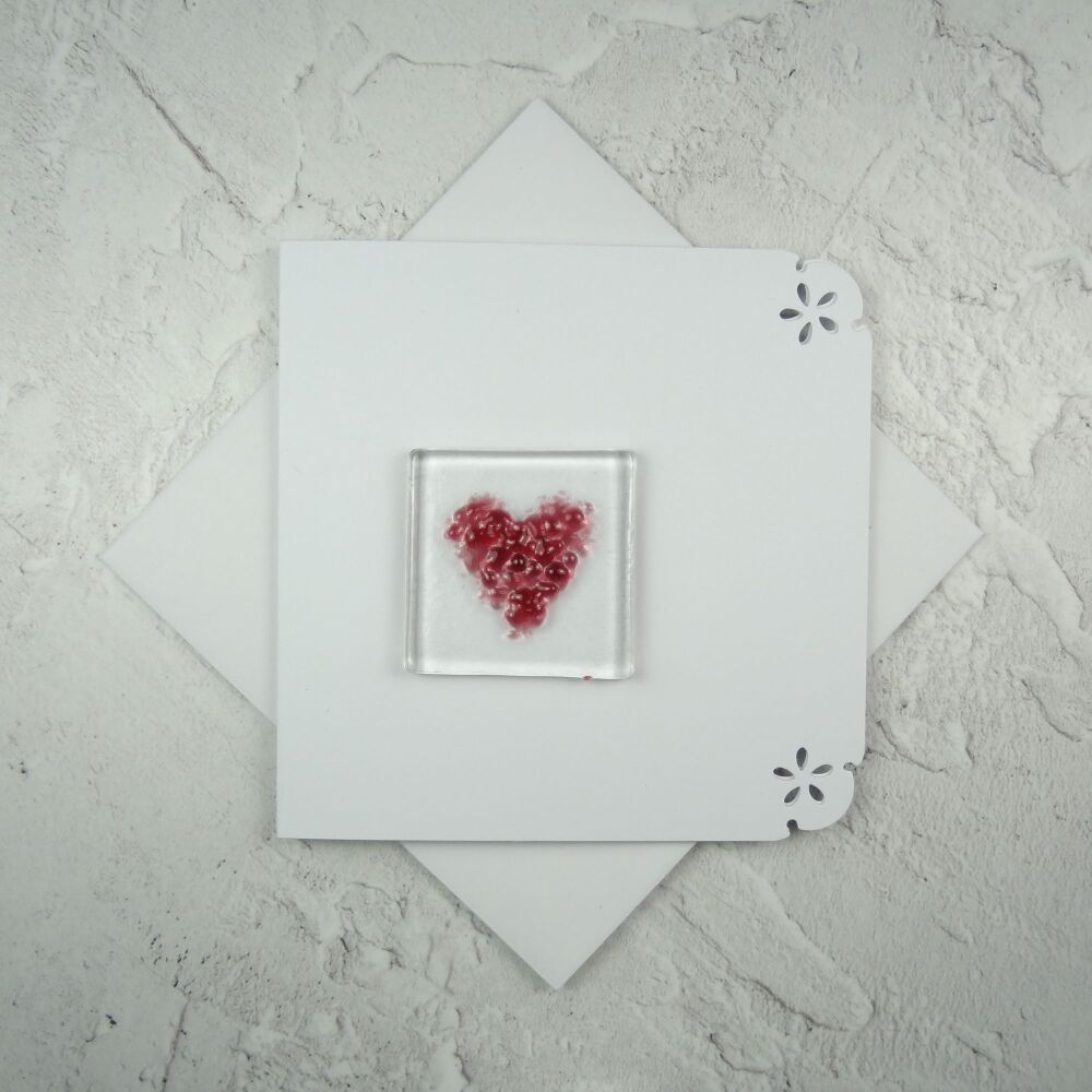 Handcrafted fused glass art greeting card, any occasion ~ pink heart ~ 4x4 inch card, 1.5 inch (+/-) glass (#666)