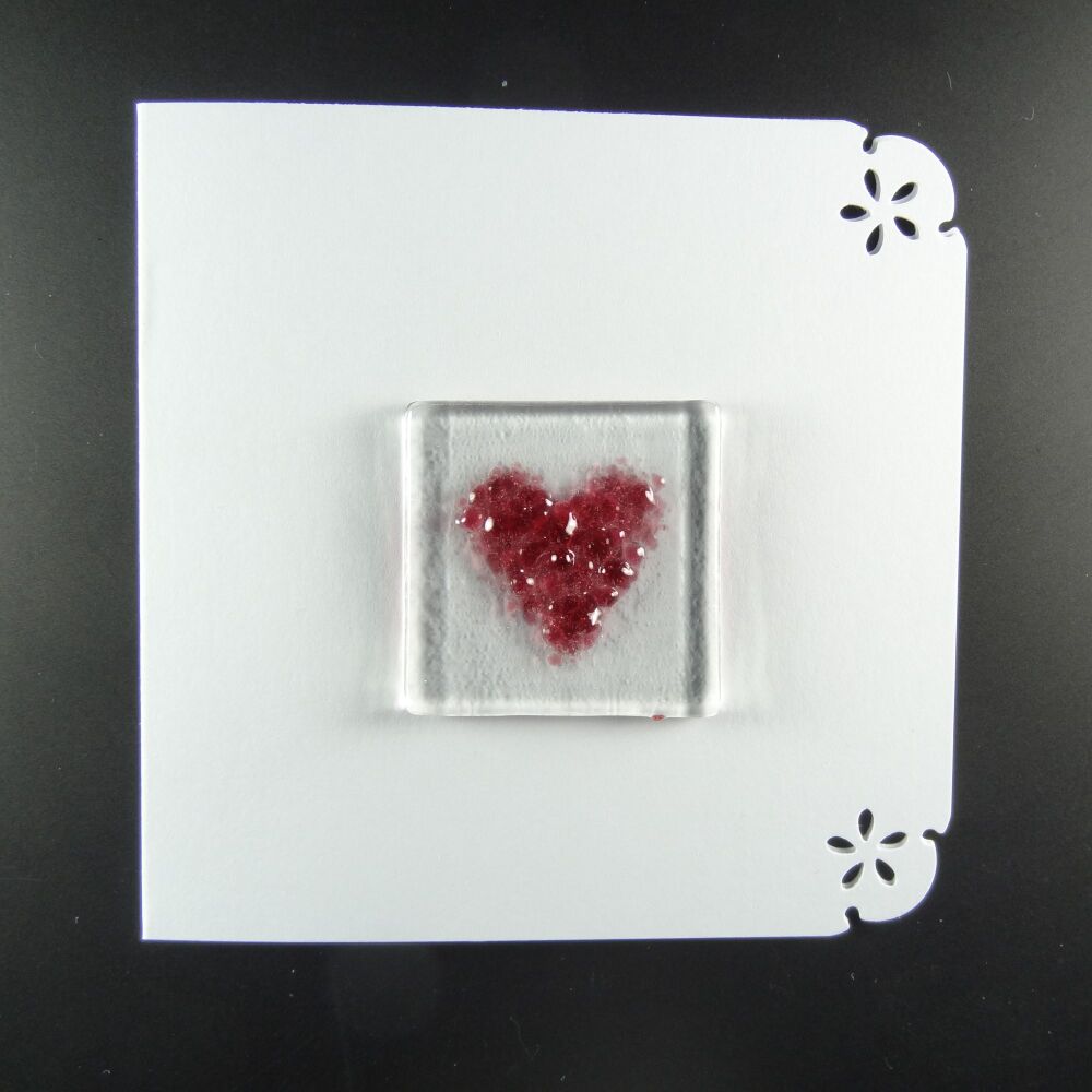 Handcrafted fused glass art greeting card, any occasion ~ pink heart ~ 4x4 inch card, 1.5 inch (+/-) glass (#666)