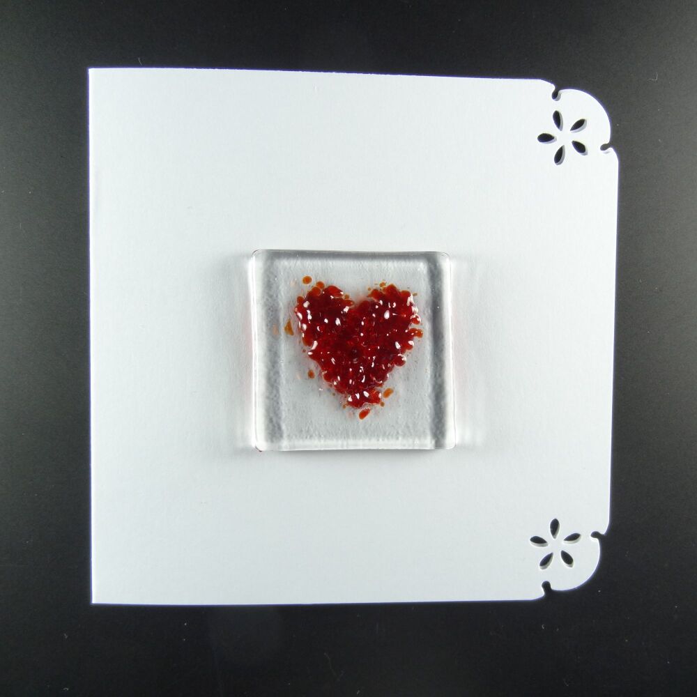 Handcrafted fused glass art greeting card, any occasion ~ red heart ~ 4x4 inch card, 1.5 inch (+/-) glass (#659)