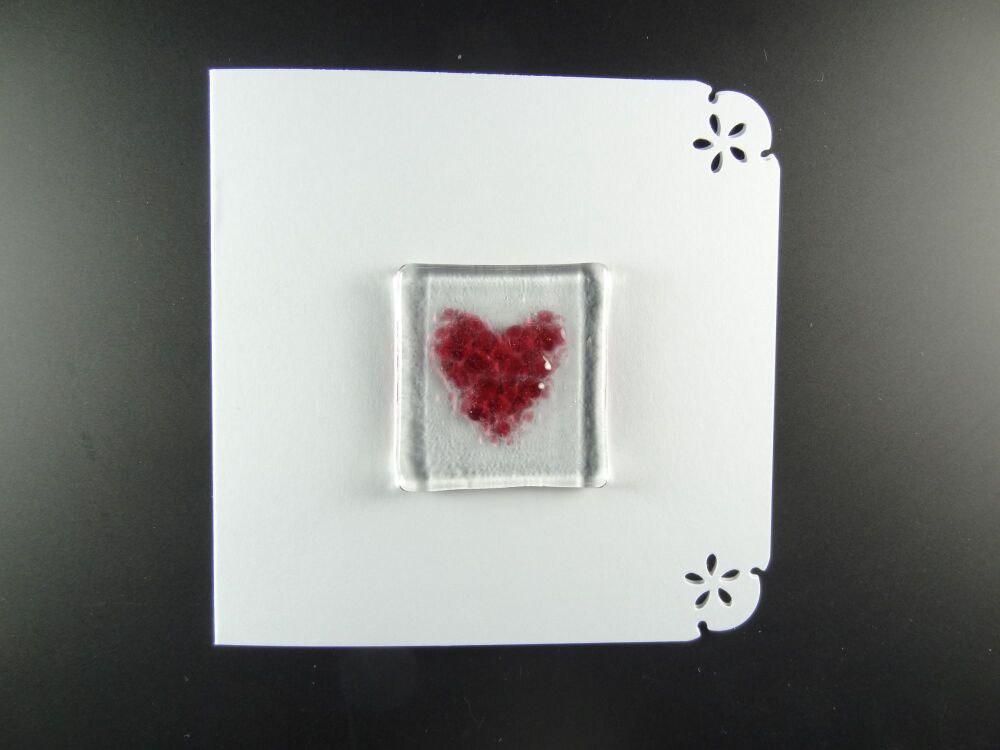 Handcrafted fused glass art greeting card, any occasion ~ pink heart ~ 4x4 inch card, 1.5 inch (+/-) glass (#658)