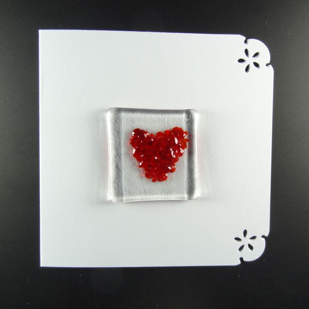 Handcrafted fused glass art greeting card, any occasion ~ red heart ~ 4x4 inch card, 1.5 inch (+/-) glass (#656)