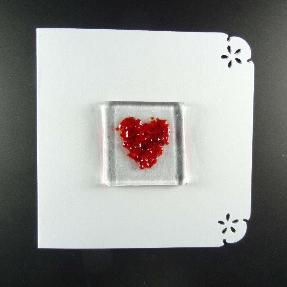 Handcrafted fused glass art greeting card, any occasion ~ red heart ~ 4x4 inch card, 1.5 inch (+/-) glass (#660)