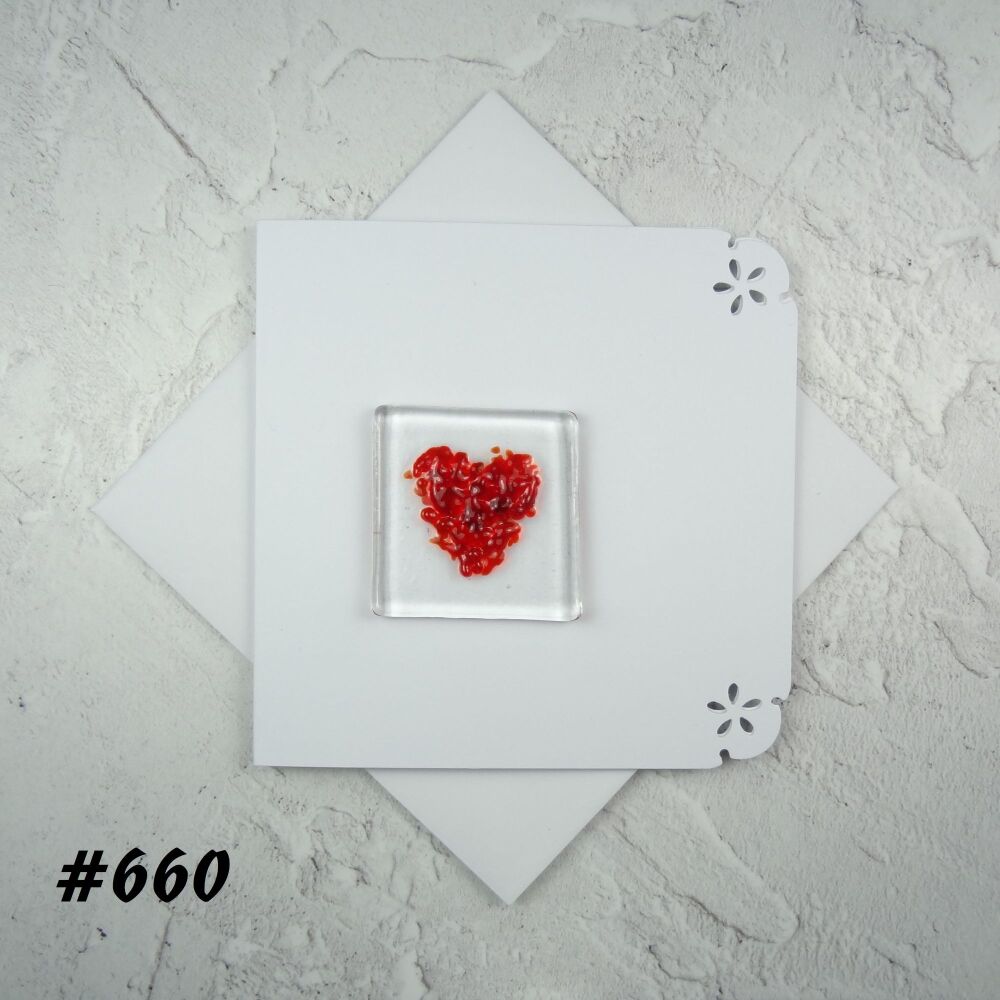 Handcrafted fused glass art greeting card, any occasion ~ red heart ~ 4x4 inch card, 1.5 inch (+/-) glass (#660)