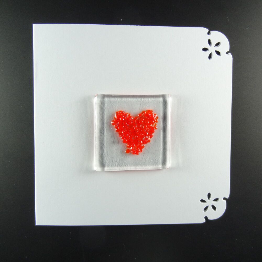 Handcrafted fused glass art greeting card, any occasion ~ red heart ~ 4x4 inch card, 1.5 inch (+/-) glass (#653)