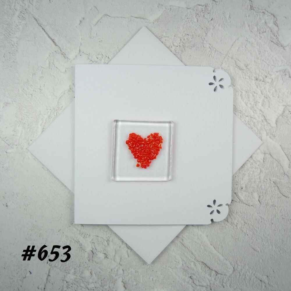 Handcrafted fused glass art greeting card, any occasion ~ red heart ~ 4x4 inch card, 1.5 inch (+/-) glass (#653)