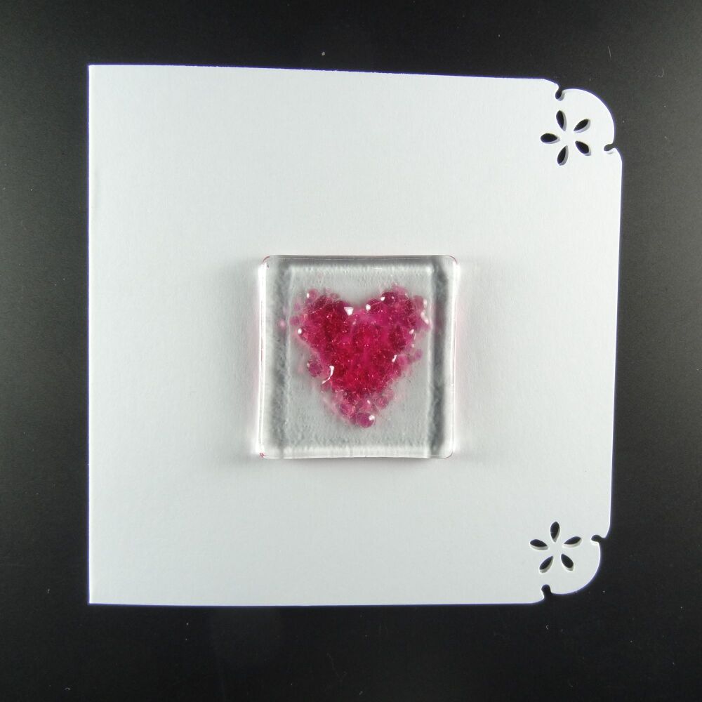 Handcrafted fused glass art greeting card, any occasion ~ pink heart ~ 4x4 inch card, 1.5 inch (+/-) glass (#647)