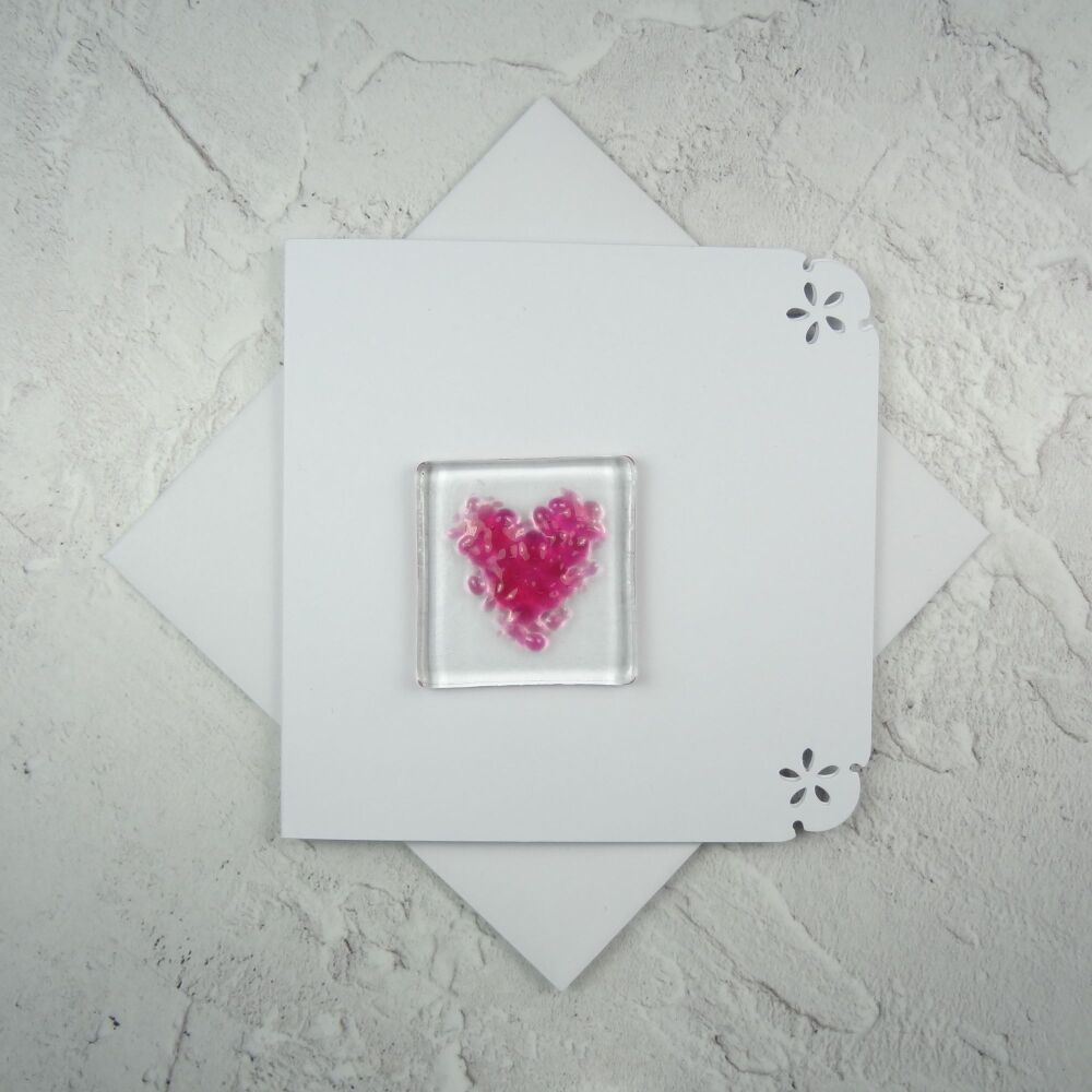 Handcrafted fused glass art greeting card, any occasion ~ pink heart ~ 4x4 inch card, 1.5 inch (+/-) glass (#647)