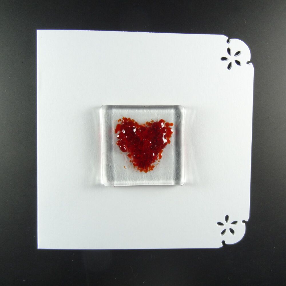 Handcrafted fused glass art greeting card, any occasion ~ red heart ~ 4x4 inch card, 1.5 inch (+/-) glass (#664)