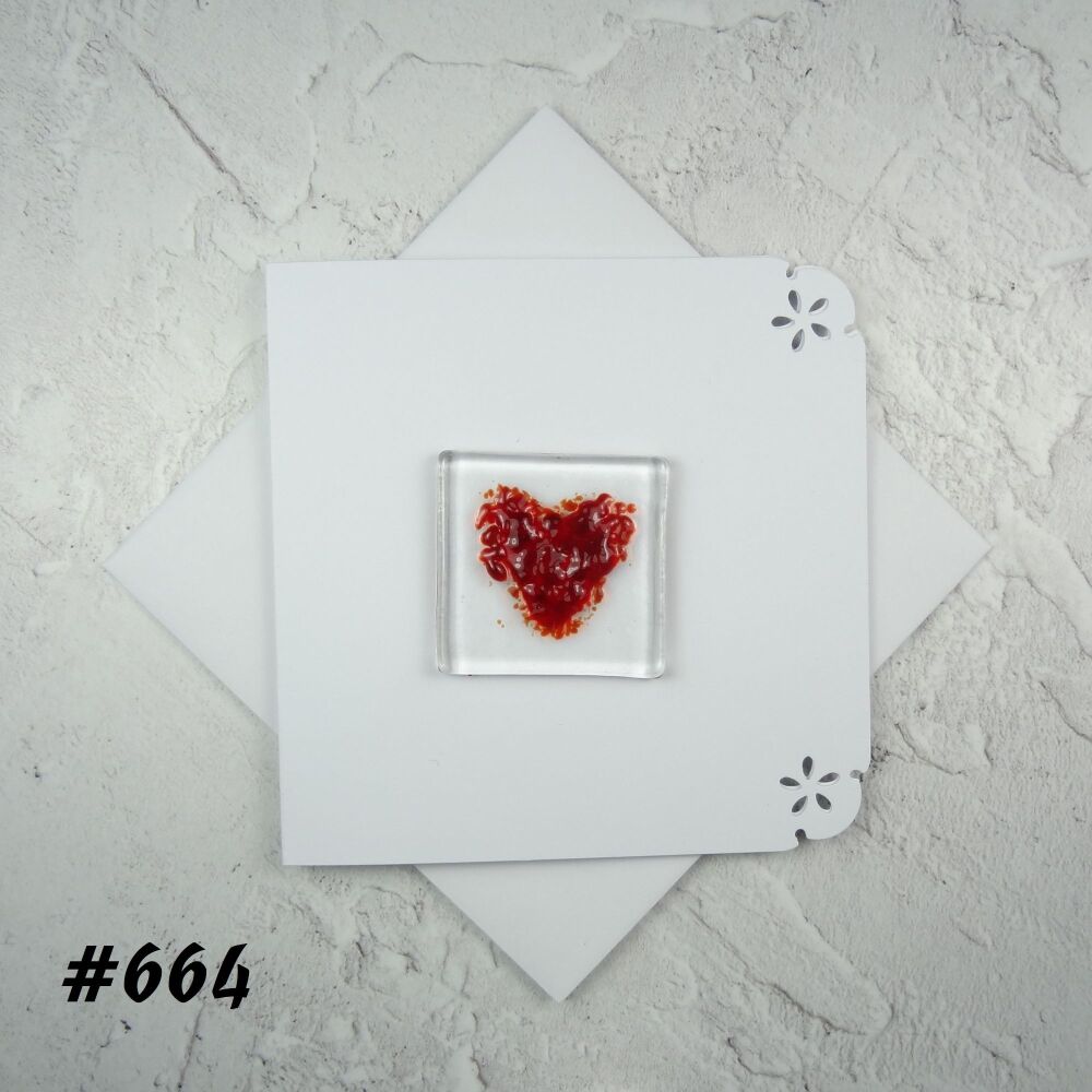 Handcrafted fused glass art greeting card, any occasion ~ red heart ~ 4x4 inch card, 1.5 inch (+/-) glass (#664)