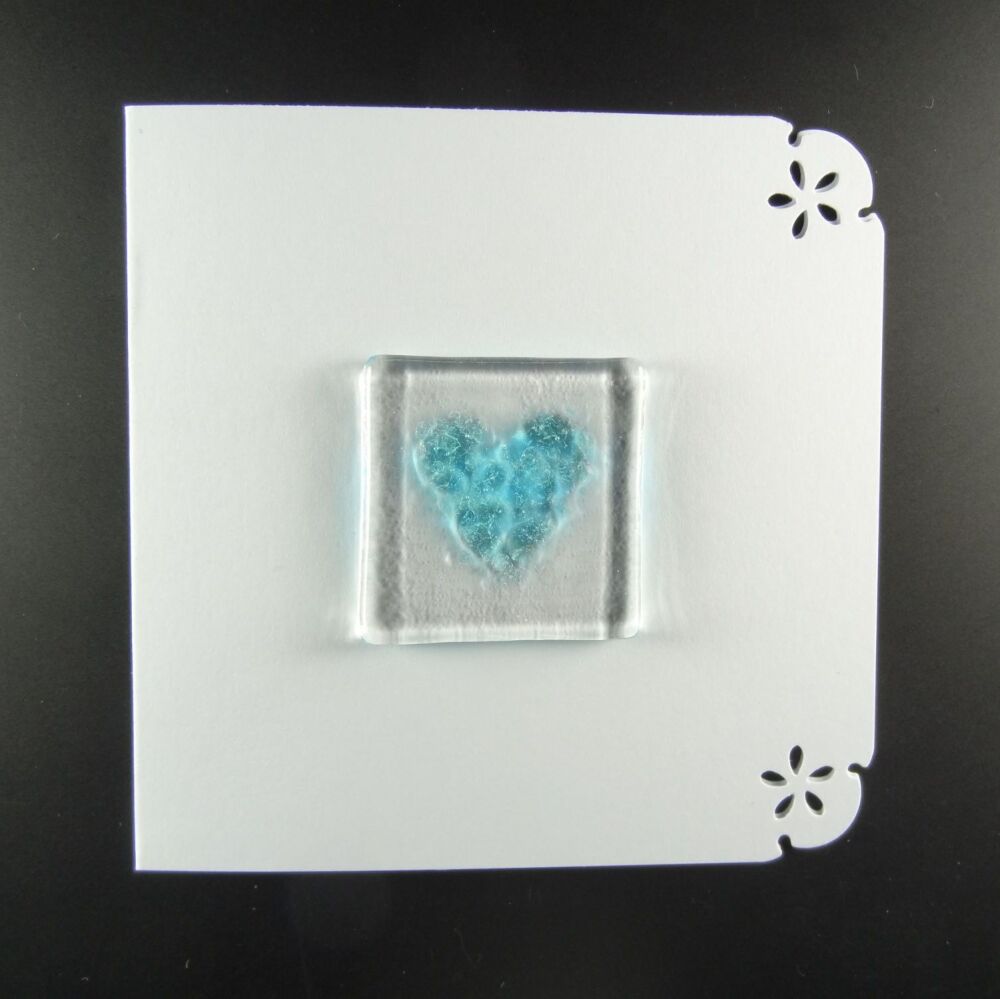 Handcrafted fused glass art greeting card, any occasion ~ pale blue heart ~ 4x4 inch card, 1.5 inch (+/-) glass (#644)