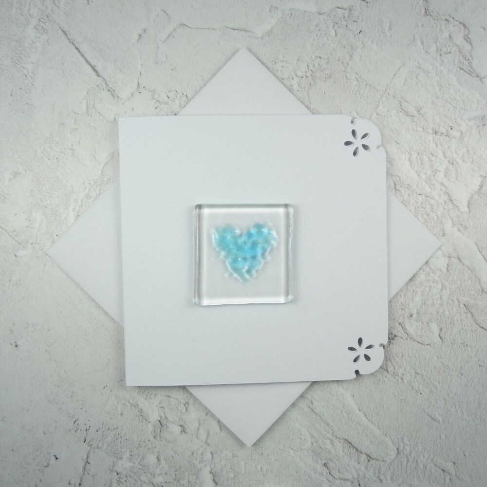 Handcrafted fused glass art greeting card, any occasion ~ blue heart