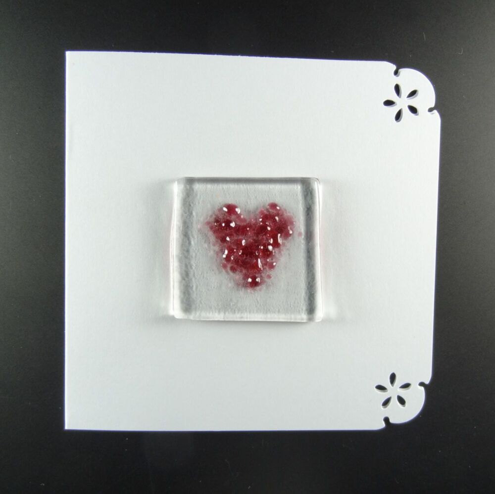 Handcrafted fused glass art greeting card, any occasion ~ pink heart ~ 4x4 inch card, 1.5 inch (+/-) glass (#645)