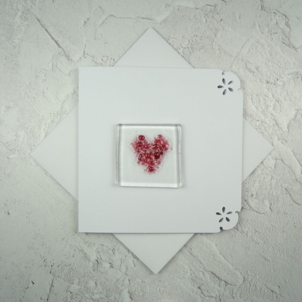 Handcrafted fused glass art greeting card, any occasion ~ pink heart ~ 4x4 inch card, 1.5 inch (+/-) glass (#645)