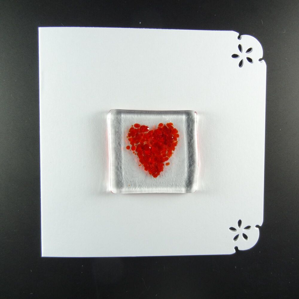 Handcrafted fused glass art greeting card, any occasion ~ red heart ~ 4x4 inch card, 1.5 inch (+/-) glass (#662)