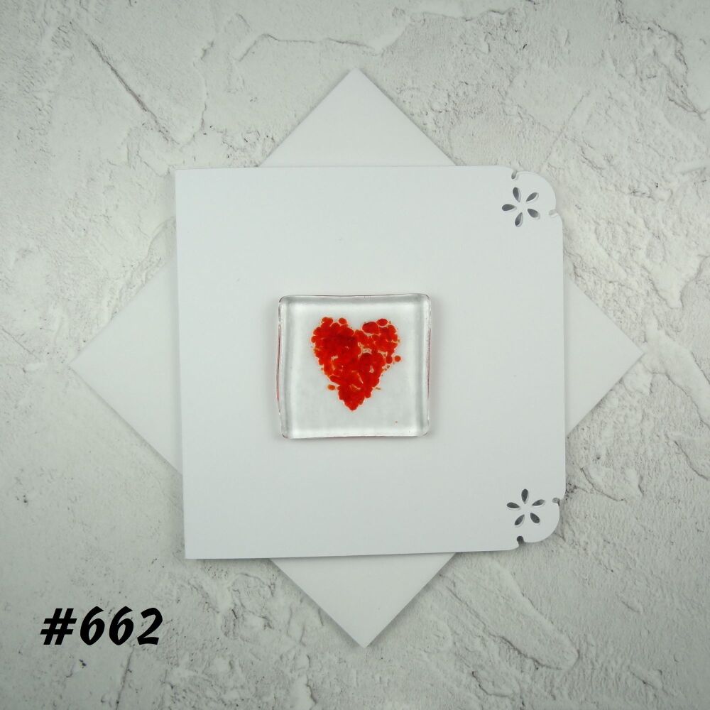 Handcrafted fused glass art greeting card, any occasion ~ red heart ~ 4x4 inch card, 1.5 inch (+/-) glass (#662)